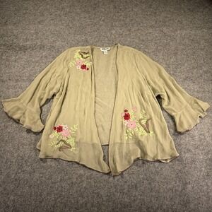 Robbie Bee Kimono Cardigan Womens 16W Green Silk‎ Sheer Embroidered Whimsy Fairy